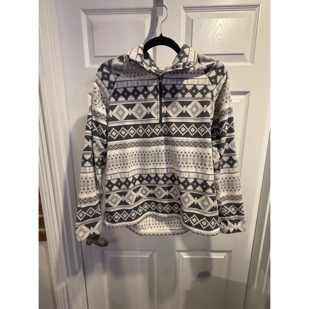 Eddie Bauer Womens Grey White Fair Isle Geometric‎ Fleece Quarter Zip Pullover M